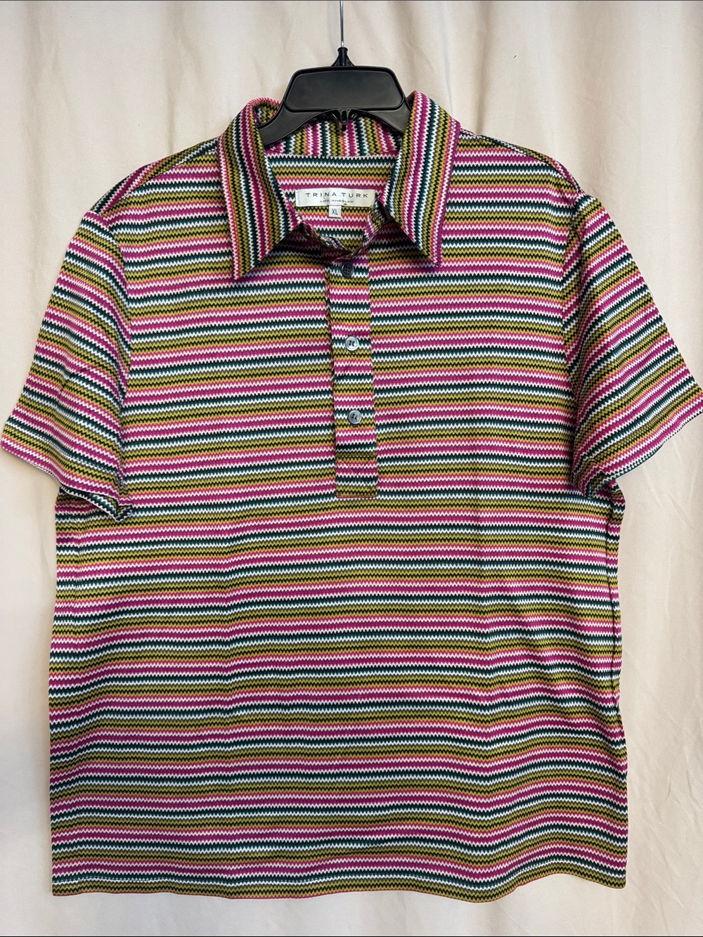 Trina Turk Zig-Zag Short Sleeve Polo, Size XL, Color Green, Pink, Yellow, Black